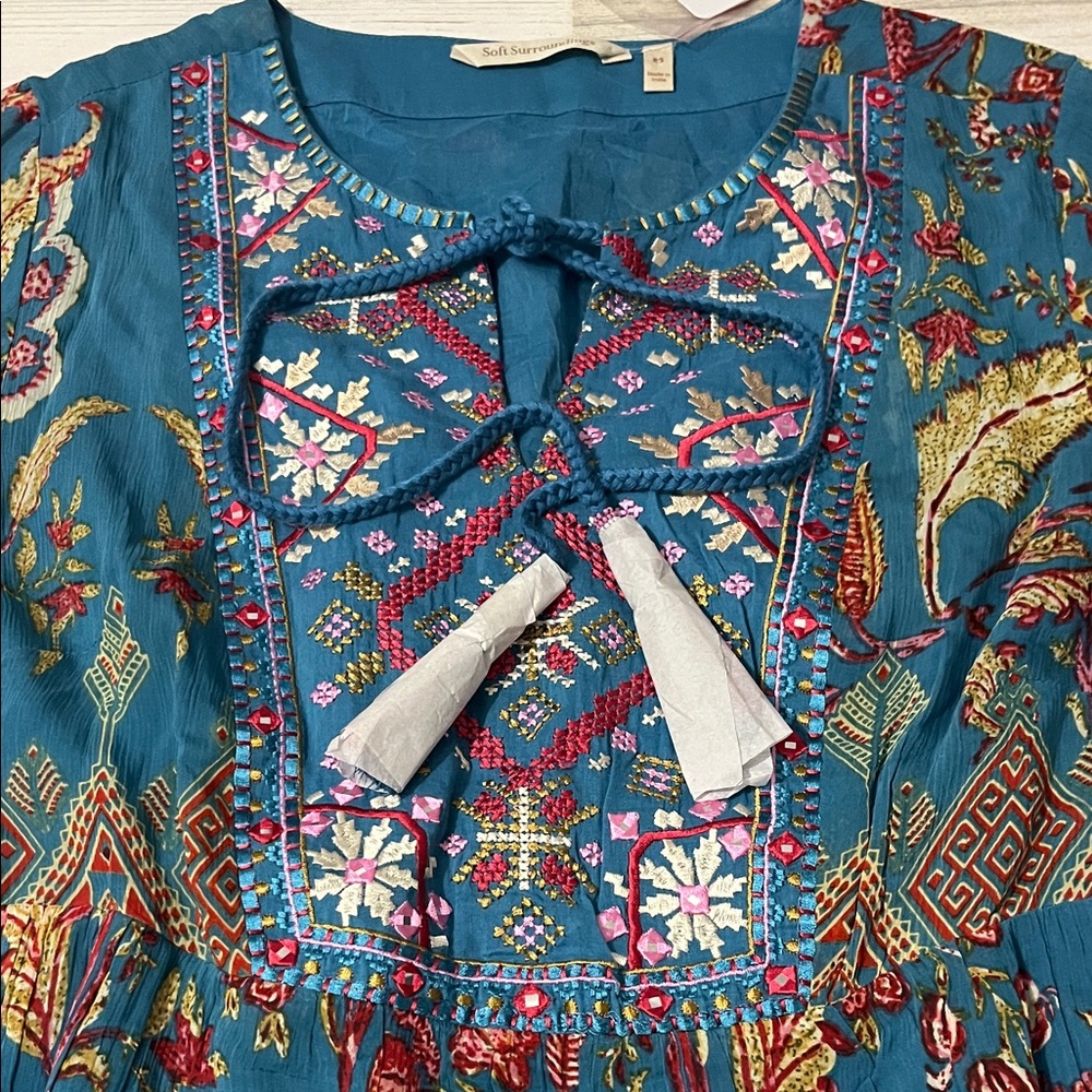 Soft Surroundings Teal Floral Embroidered Boho Tunic - Picture 3 of 11